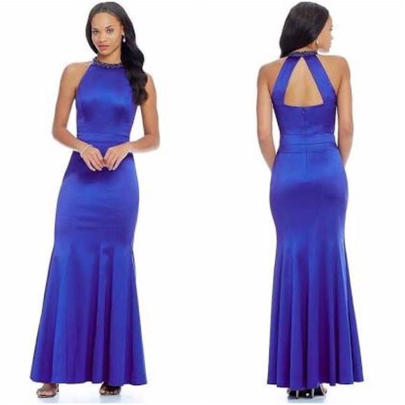 Kay Unger Dresses & Skirts - KAY UNGER Stretch Satin Beaded Halter Merm…